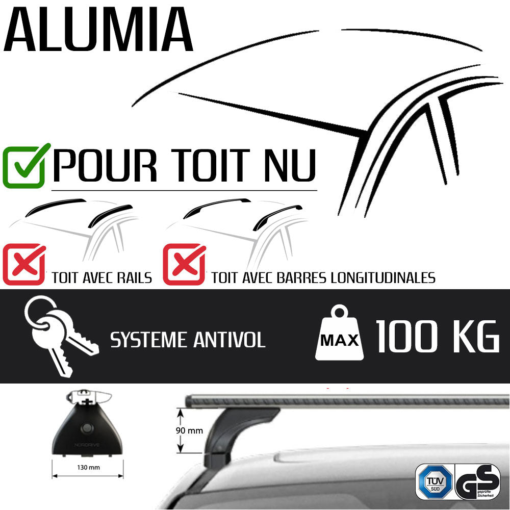 Pack coffre de toit Dory 340 L et barres de toit Abarth 595 (2016 - 2024) Pour toit nu - Alumia - Aluminium