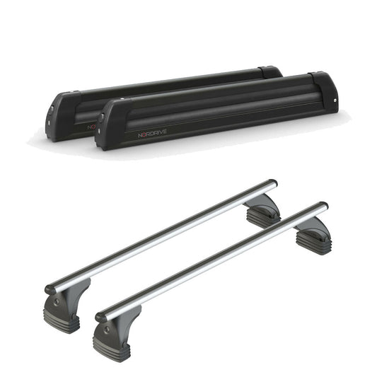 Pack porte-skis Pro Slider Nordrive aluminium noir 6 skis / 4 snowboards + barres de toit – pour Renault Laguna - 5 portes 2001 - 2007 – vue porte skis et barres de toit