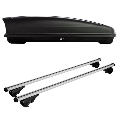 Pack coffre de toit Koral 630 L et barres de toit Porsche Cayenne (2011 - 2017) Pour barres longitudinales - Helio - Aluminium