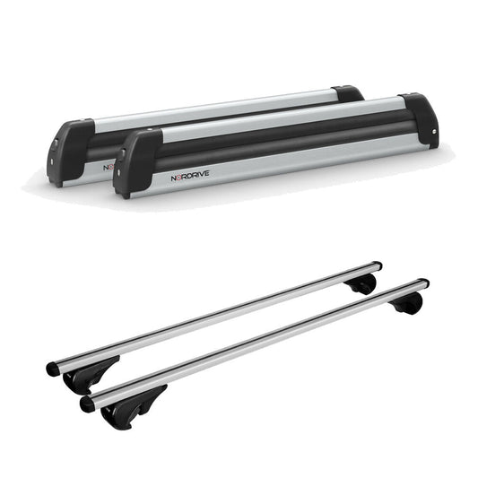 Pack porte-skis Pro Slider Nordrive aluminium – support pour 6 paires de skis ou 4 snowboards – pour Peugeot 2008 2013 - 2019 - vue porte skis et barres de toit