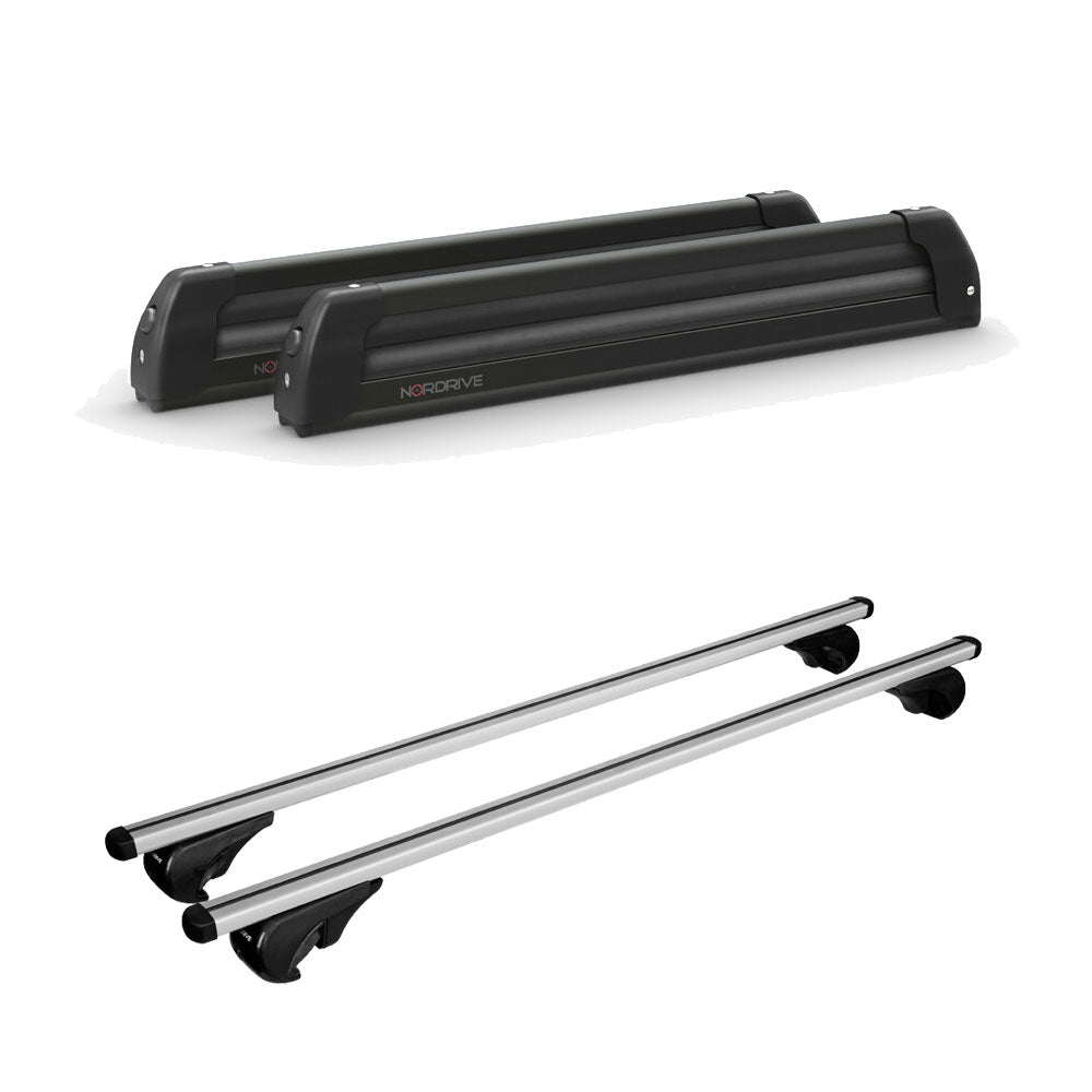 Pack porte-skis Pro Slider Nordrive aluminium noir 6 skis / 4 snowboards + barres de toit – pour Mercedes ML 1998 - 2005 – vue porte skis et barres de toit