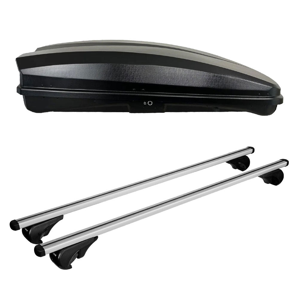 Pack coffre de toit Raya 480 L et barres de toit Dacia Logan MCV (2007 - 2013) Pour barres longitudinales - Helio - Aluminium