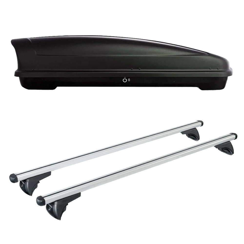 Pack coffre de toit Koral 400 L et barres de toit Porsche Macan (2021 + 2025) Pour rails intégrés - Helio - Aluminium