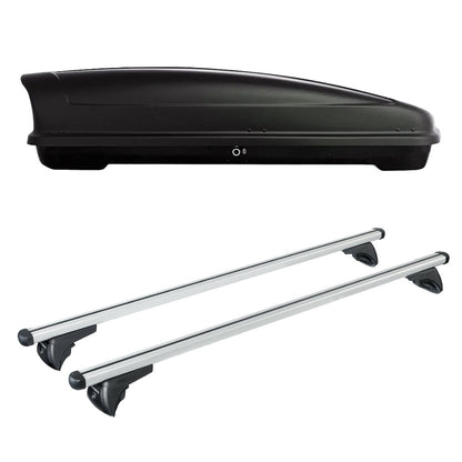 Pack coffre de toit Koral 400 L et barres de toit Porsche Macan (2021 + 2025) Pour rails intégrés - Helio - Aluminium