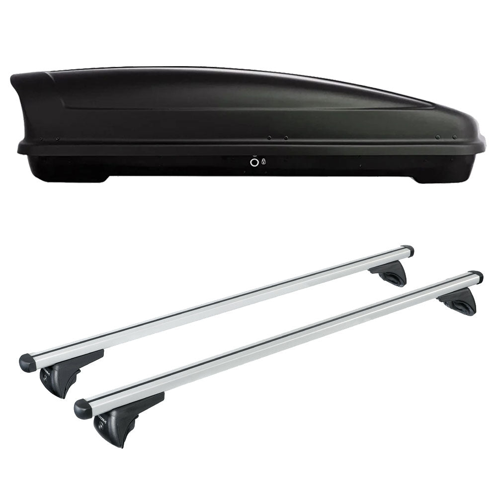Pack coffre de toit Koral 630 L et barres de toit Audi A6 - Break (2012 - 2018) Pour rails intégrés - Helio - Aluminium