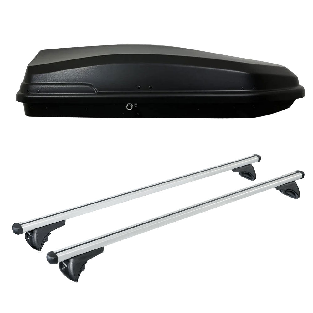 Pack coffre de toit Torpedo 400 L et barres de toit Kia Optima - Break (2016 - 2019) Pour rails intégrés - Helio - Aluminium