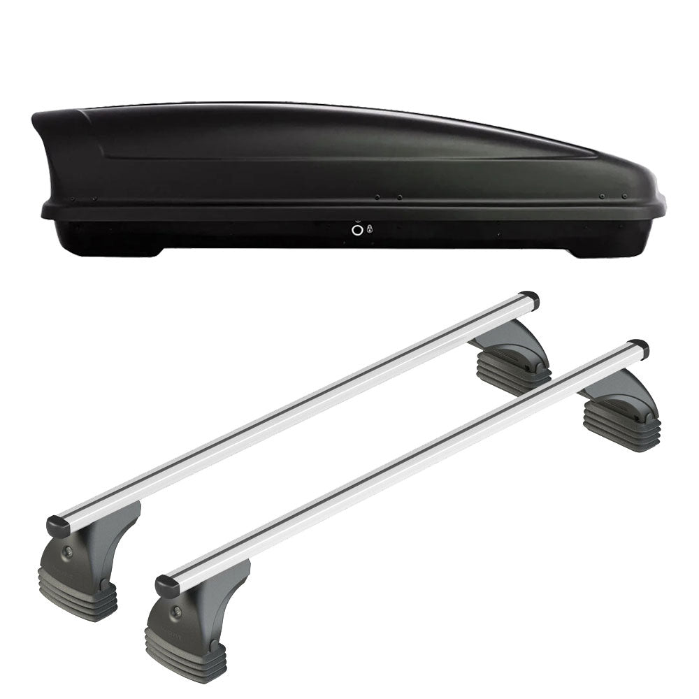 Pack coffre de toit Koral 400 L et barres de toit Bmw Serie 3 - Compact - E46 (2000 - 2005) Pour toit nu - Helio - Aluminium