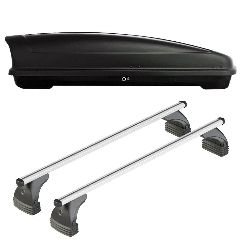 Pack coffre de toit Koral 630 L et barres de toit Bmw Serie 3 - Compact - E46 (2000 - 2005) Pour toit nu - Helio - Aluminium