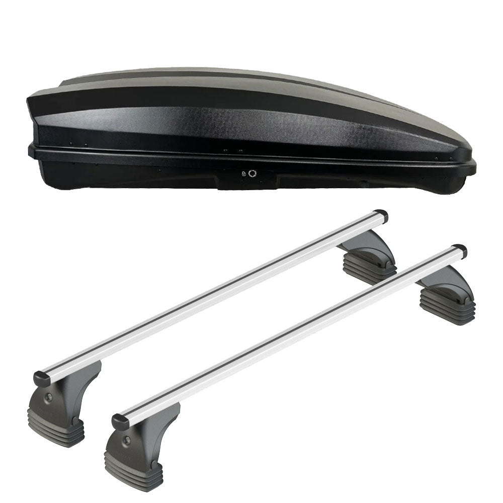 Pack coffre de toit Raya 480 L et barres de toit Porsche Cayenne (2003 - 2010) Profil creux - Helio - Aluminium