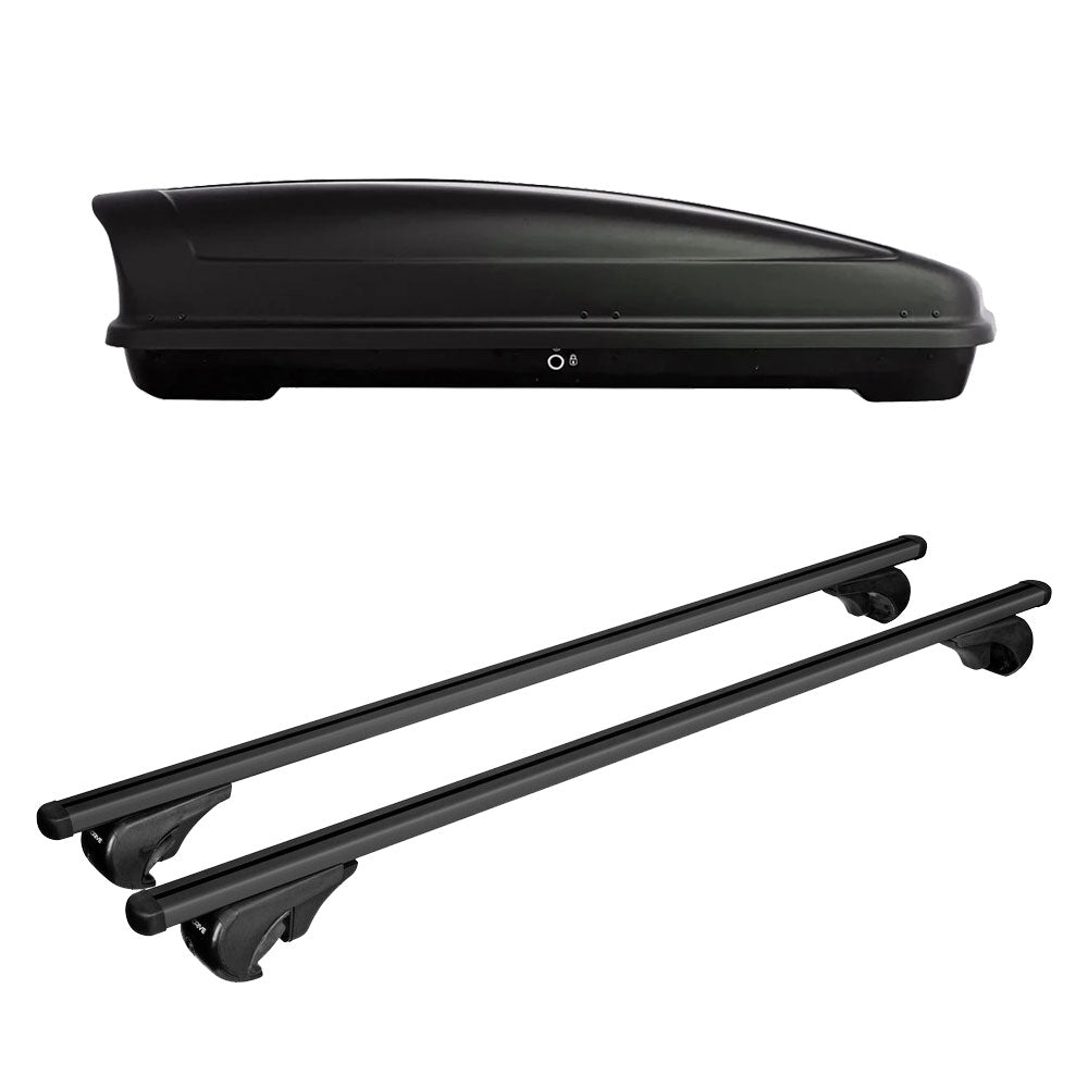 Pack coffre de toit Koral court 400 L et barres de toit Volkswagen Touareg (2011 - 2018) Pour barres longitudinales - Helio Noir - Aluminium