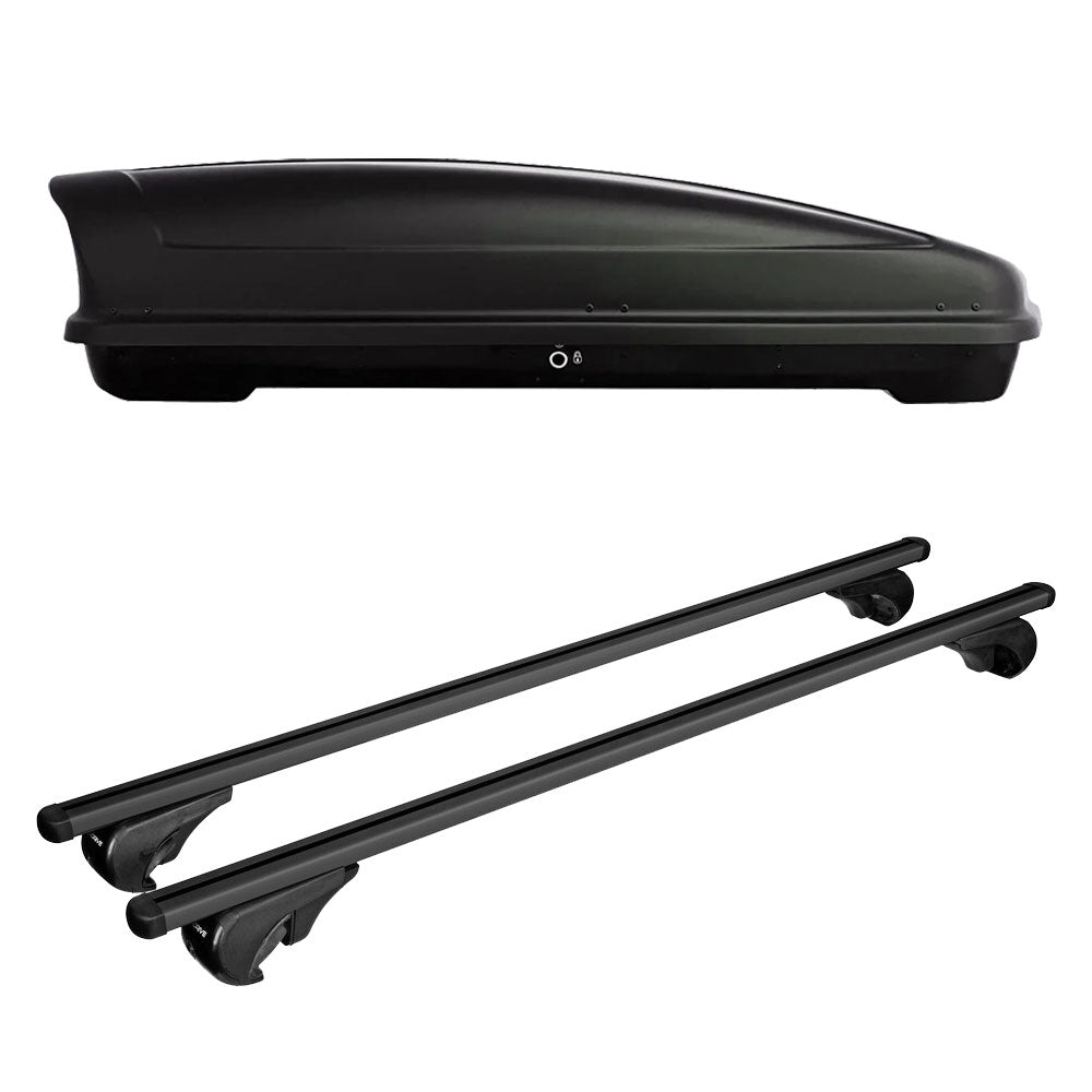 Pack coffre de toit Koral 400 L et barres de toit Volkswagen Touareg (2011 - 2018) Pour barres longitudinales - Helio Noir - Aluminium
