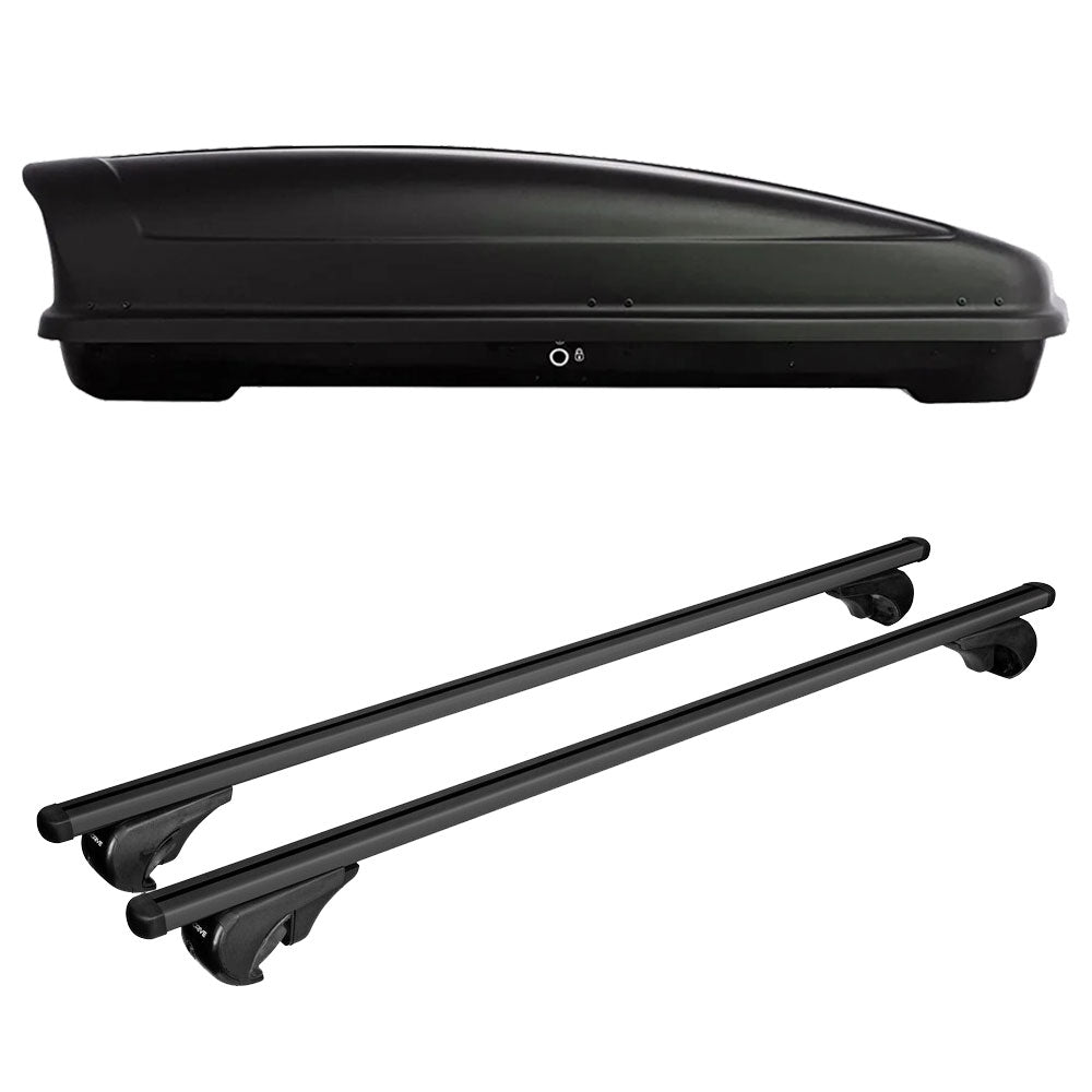 Pack coffre de toit Koral 630 L et barres de toit Volkswagen Touareg (2011 - 2018) Pour barres longitudinales - Helio Noir - Aluminium