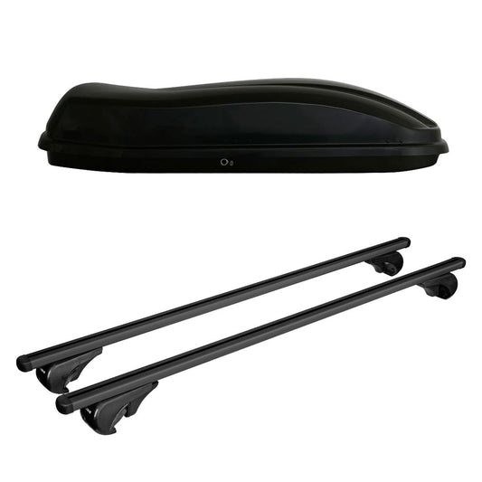 Pack coffre de toit Marlin 400 L et barres de toit Volkswagen Touareg (2011 - 2018) Pour barres longitudinales - Helio Noir - Aluminium