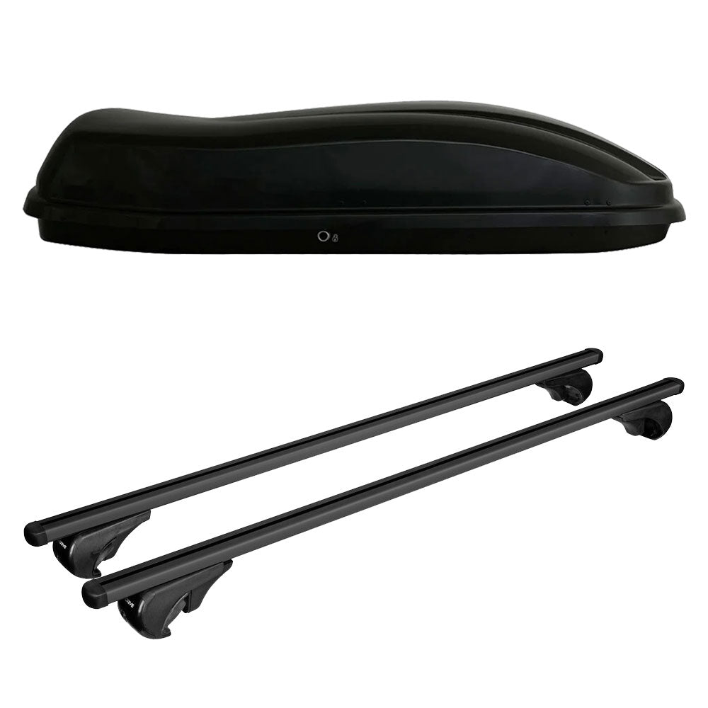 Pack coffre de toit Marlin 530 L et barres de toit Volkswagen Touareg (2011 - 2018) Pour barres longitudinales - Helio Noir - Aluminium