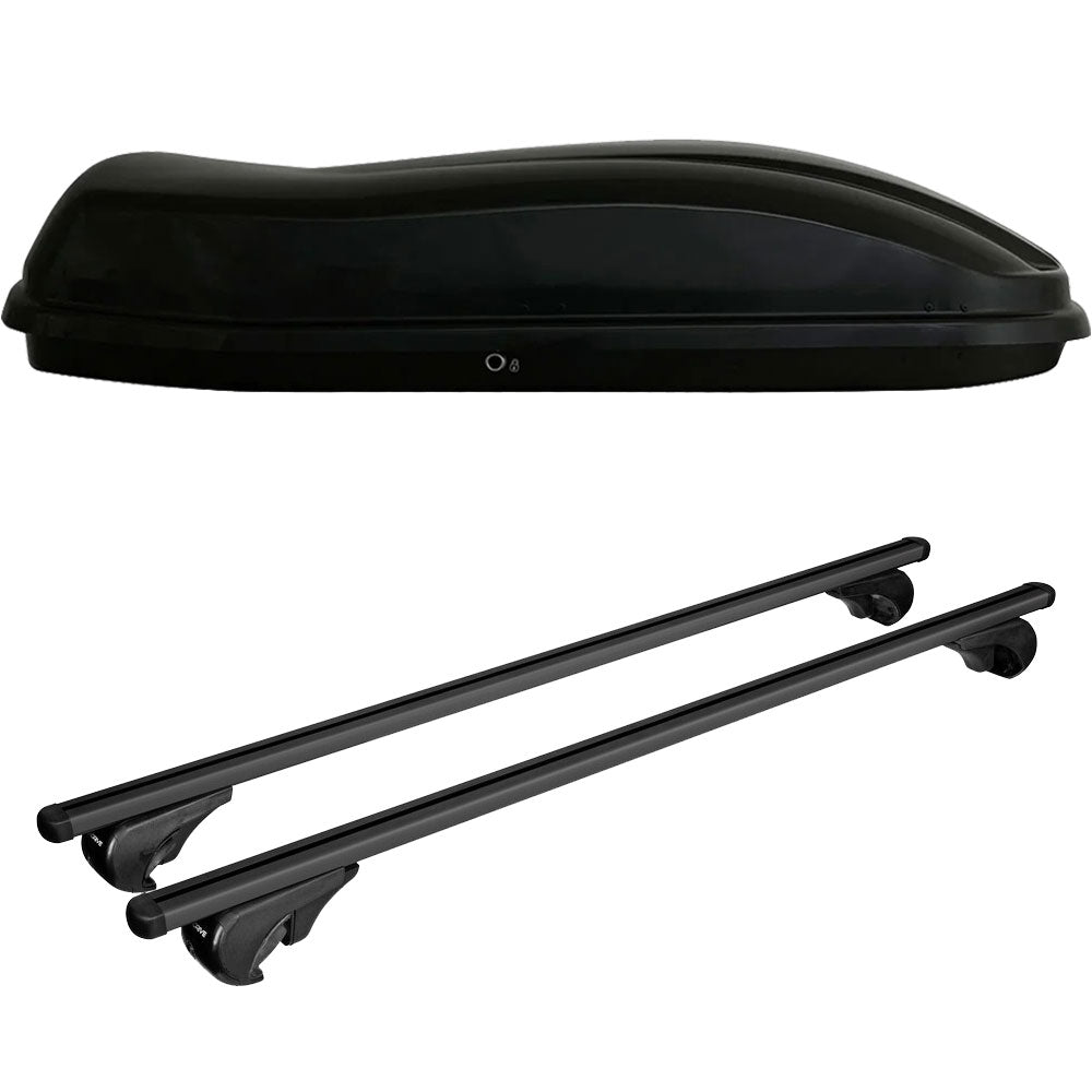 Pack coffre de toit Marlin 680 L et barres de toit Volkswagen Touareg (2011 - 2018) Pour barres longitudinales - Helio Noir - Aluminium