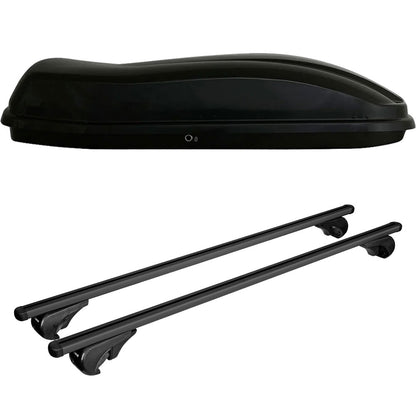 Pack coffre de toit Marlin 680 L et barres de toit Volkswagen Touareg (2011 - 2018) Pour barres longitudinales - Helio Noir - Aluminium