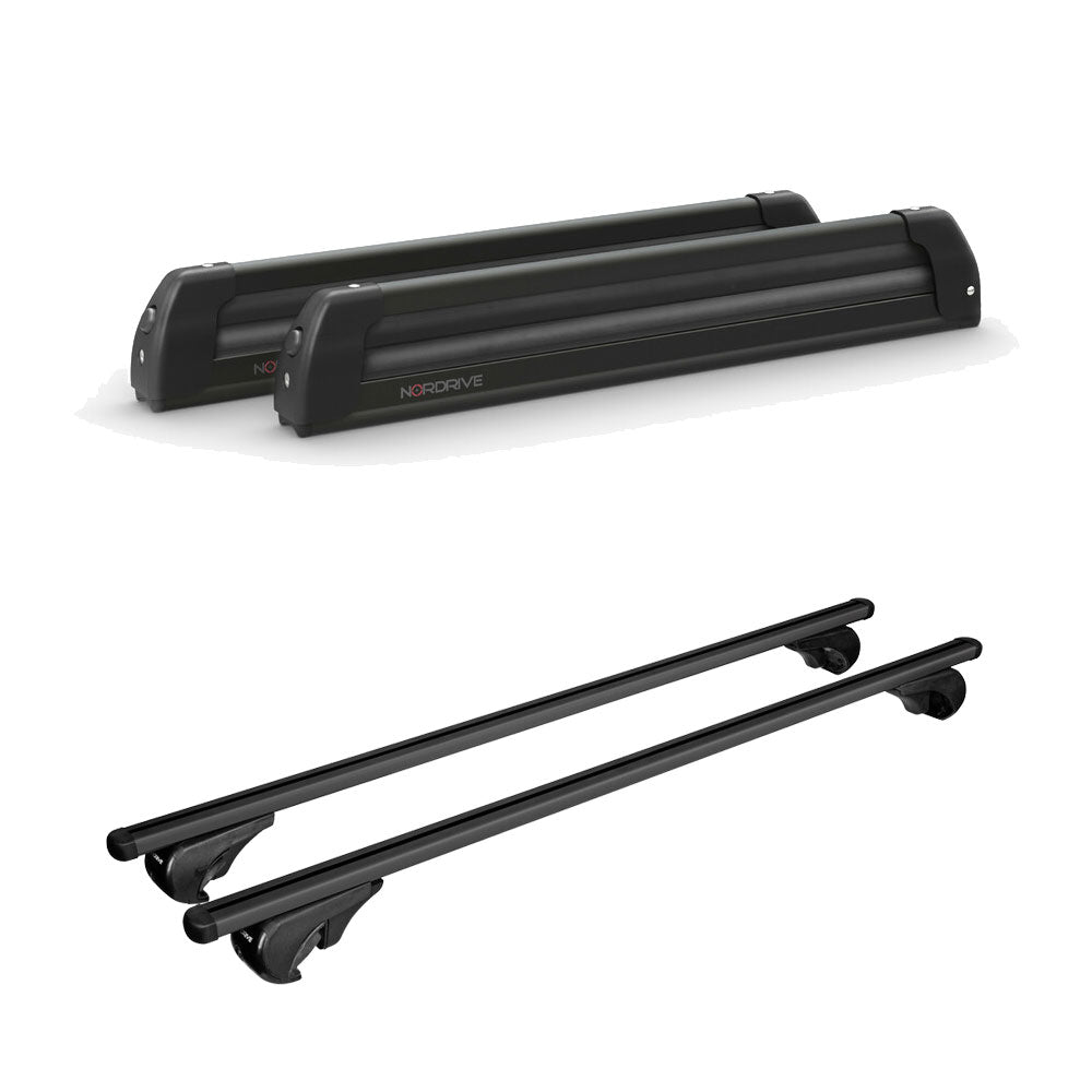 Pack porte-skis Pro Slider Nordrive aluminium noir 6 skis / 4 snowboards + barres de toit – pour Volkswagen Touareg 2011 - 2018 – vue porte skis et barres de toit