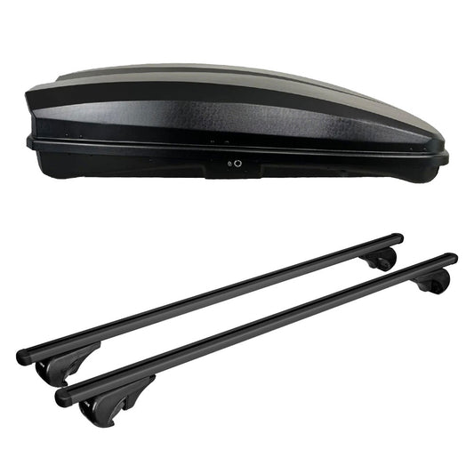 Pack coffre de toit Raya 480 L et barres de toit Volkswagen Touareg (2011 - 2018) Pour barres longitudinales - Helio Noir - Aluminium