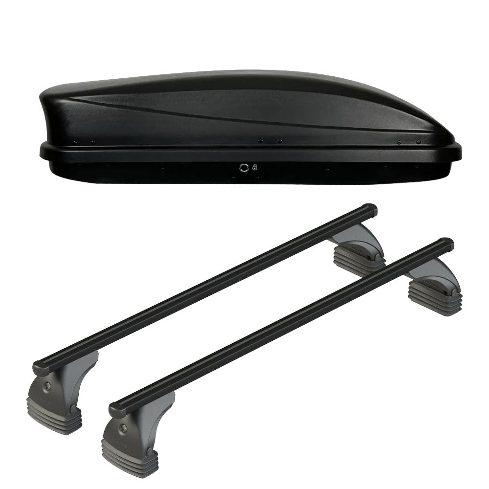 Pack coffre de toit Dory 340 L et barres de toit Audi A6 - 4 portes (2004 - 2011) Pour toit nu - Helio Noir - Aluminium