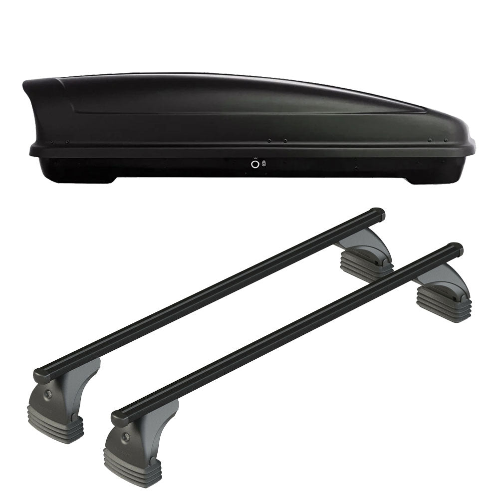 Pack coffre de toit Koral 400 L et barres de toit Audi A6 - 4 portes (2004 - 2011) Pour toit nu - Helio Noir - Aluminium
