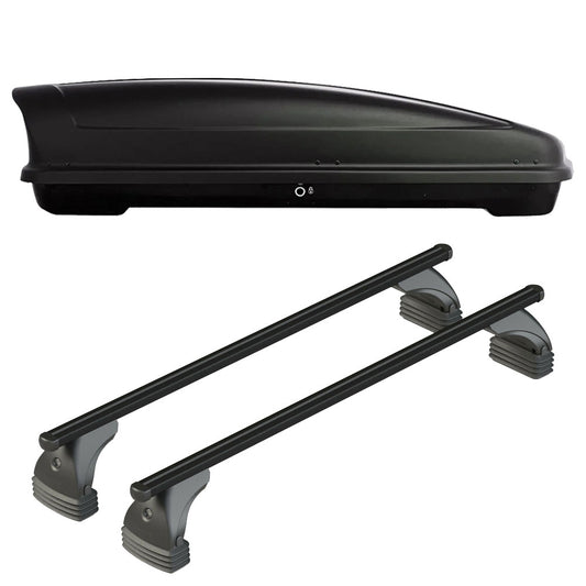 Pack coffre de toit Koral 630 L et barres de toit Audi A6 - 4 portes (2004 - 2011) Pour toit nu - Helio Noir - Aluminium