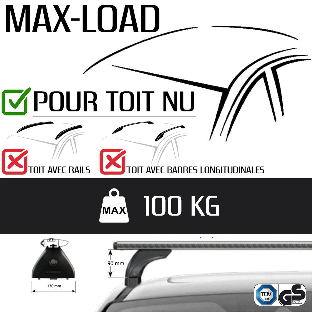 Pack coffre de toit Torpedo 400 L et barres de toit Toyota Aygo X Wave (2014 - 2019) Pour toit nu - Max Load - Acier