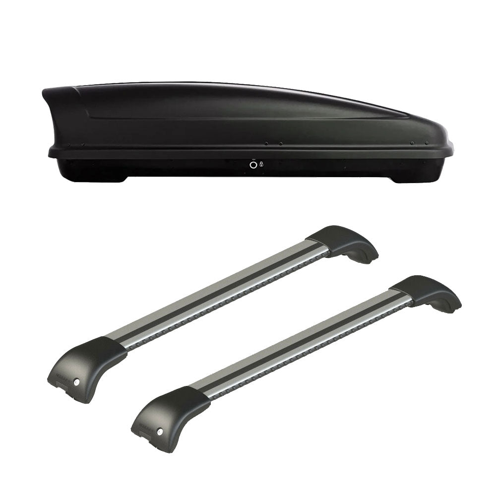 Pack coffre de toit Koral court 400 L et barres de toit Audi Q7 (2006 - 2015) Pour rails intégrés - Origine - Aluminium
