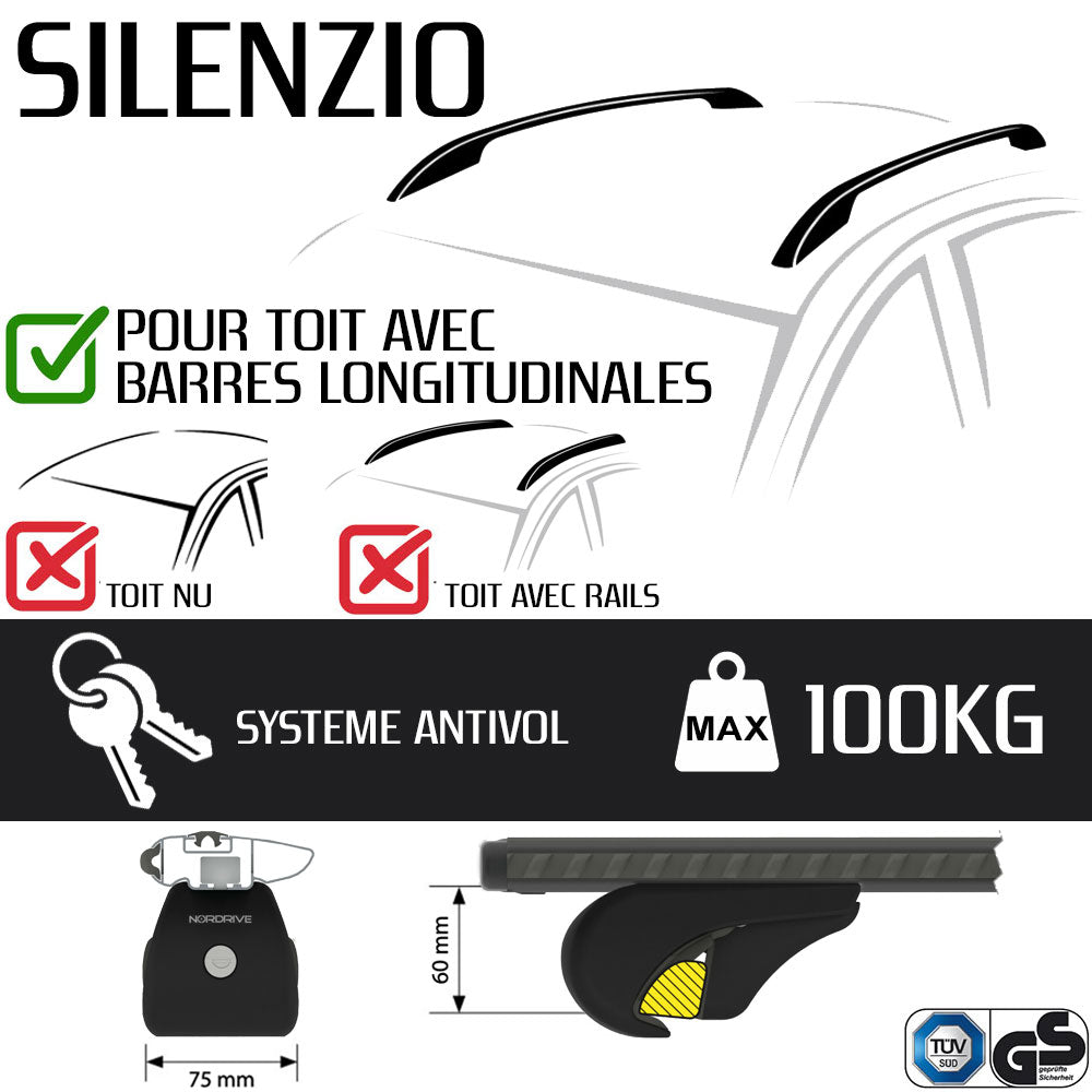 Pack coffre de toit Raya 480 L et barres de toit Ford Focus - Break (1999 - 2004) Pour barres longitudinales - Silenzio - Aluminium