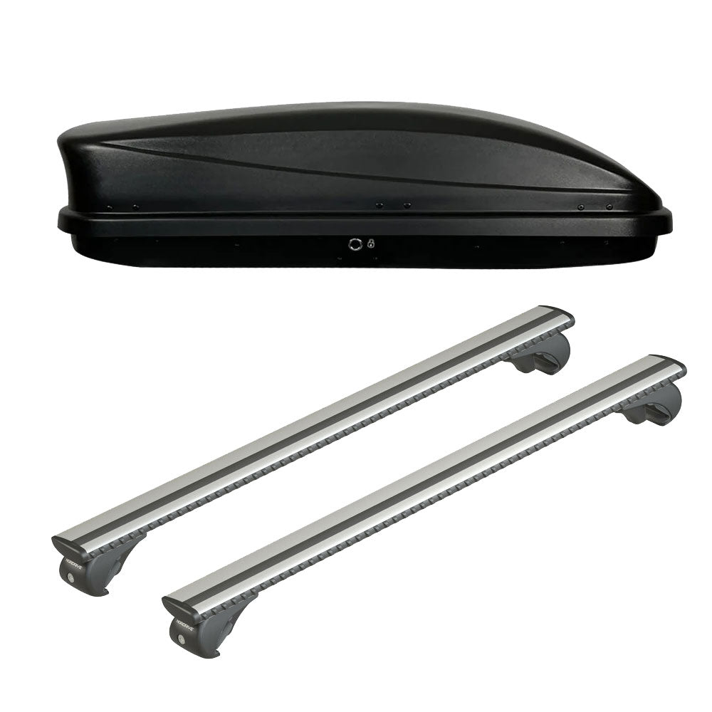 Pack coffre de toit Dory 340 L et barres de toit Ford Focus - Break (1999 - 2004) Pour barres longitudinales - Silenzio - Aluminium