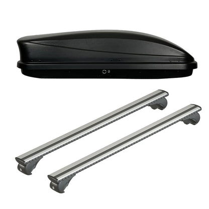 Pack coffre de toit Dory 340 L et barres de toit Ford Focus - Break (1999 - 2004) Pour barres longitudinales - Silenzio - Aluminium
