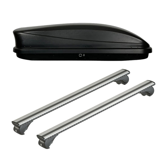 Pack coffre de toit Dory 340 L et barres de toit Ford Focus - Break (1999 - 2004) Pour barres longitudinales - Silenzio - Aluminium