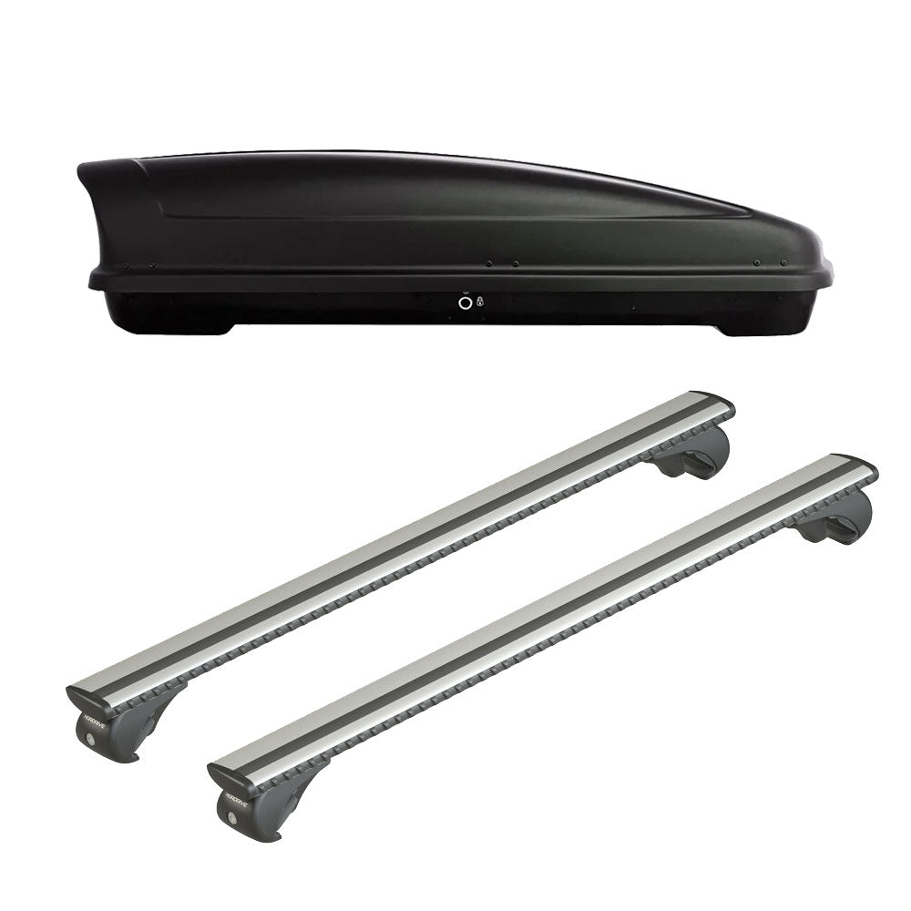 Pack coffre de toit Koral court 400 L et barres de toit Ford Focus - Break (1999 - 2004) Pour barres longitudinales - Silenzio - Aluminium
