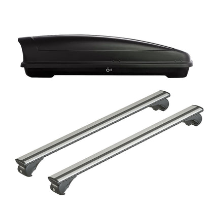 Pack coffre de toit Koral court 400 L et barres de toit Ford Focus - Break (1999 - 2004) Pour barres longitudinales - Silenzio - Aluminium