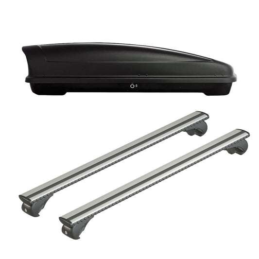 Pack coffre de toit Koral court 400 L et barres de toit Ford Focus - Break (1999 - 2004) Pour barres longitudinales - Silenzio - Aluminium