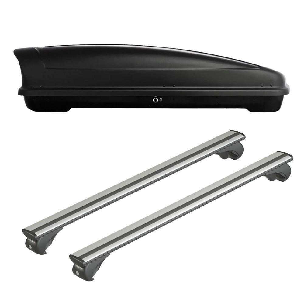 Pack coffre de toit Koral 400 L et barres de toit Ford Focus - Break (1999 - 2004) Pour barres longitudinales - Silenzio - Aluminium