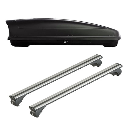 Pack coffre de toit Koral 400 L et barres de toit Ford Focus - Break (1999 - 2004) Pour barres longitudinales - Silenzio - Aluminium