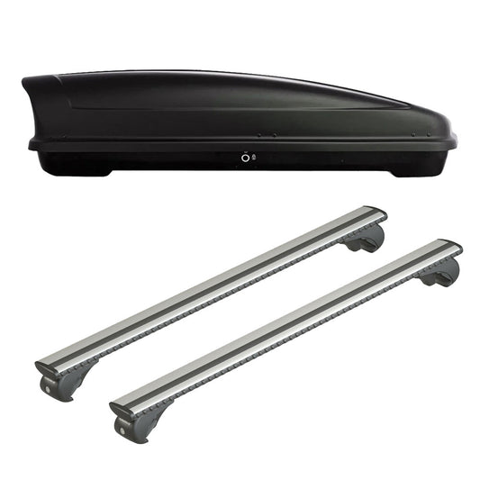 Pack coffre de toit Koral 400 L et barres de toit Ford Focus - Break (1999 - 2004) Pour barres longitudinales - Silenzio - Aluminium