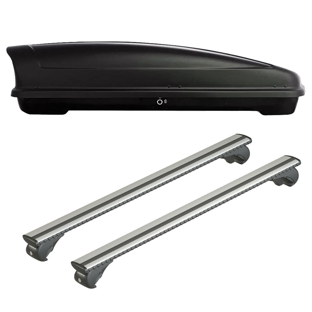Pack coffre de toit Koral 630 L et barres de toit Ford Focus - Break (1999 - 2004) Pour barres longitudinales - Silenzio - Aluminium