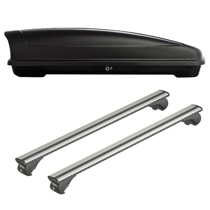 Pack coffre de toit Koral 630 L et barres de toit Ford Focus - Break (1999 - 2004) Pour barres longitudinales - Silenzio - Aluminium