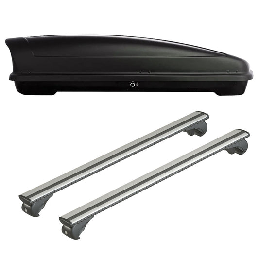 Pack coffre de toit Koral 630 L et barres de toit Ford Focus - Break (1999 - 2004) Pour barres longitudinales - Silenzio - Aluminium