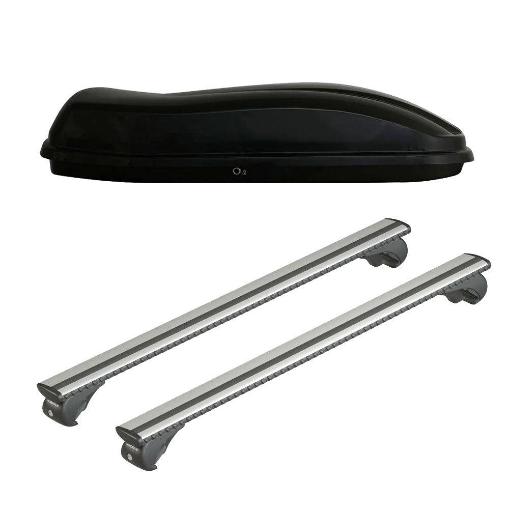Pack coffre de toit Marlin 400 L et barres de toit Ford Focus - Break (1999 - 2004) Pour barres longitudinales - Silenzio - Aluminium