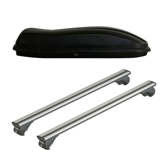 Pack coffre de toit Marlin 400 L et barres de toit Ford Focus - Break (1999 - 2004) Pour barres longitudinales - Silenzio - Aluminium