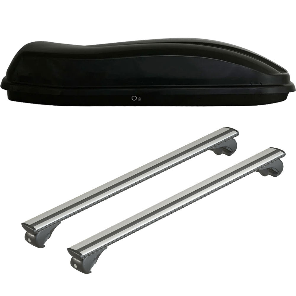 Pack coffre de toit Marlin 680 L et barres de toit Ford Focus - Break (1999 - 2004) Pour barres longitudinales - Silenzio - Aluminium