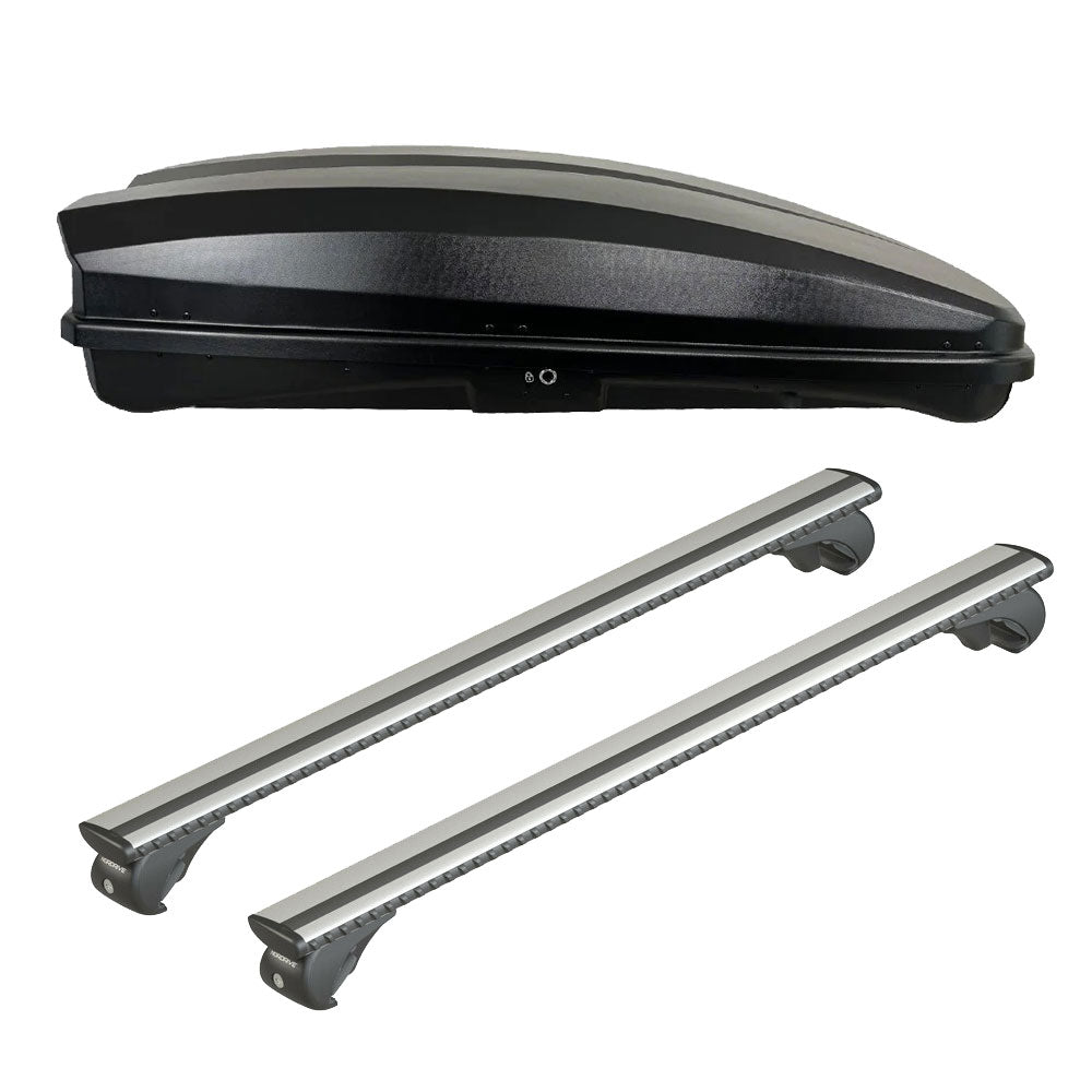Pack coffre de toit Raya 480 L et barres de toit Ford Focus - Break (1999 - 2004) Pour barres longitudinales - Silenzio - Aluminium