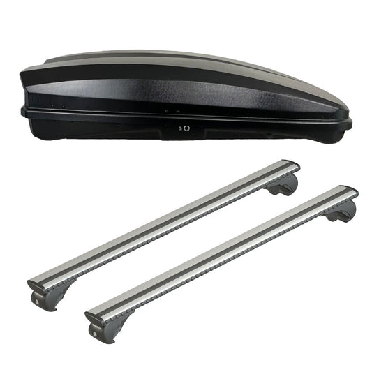 Pack coffre de toit Raya 480 L et barres de toit Ford Focus - Break (1999 - 2004) Pour barres longitudinales - Silenzio - Aluminium