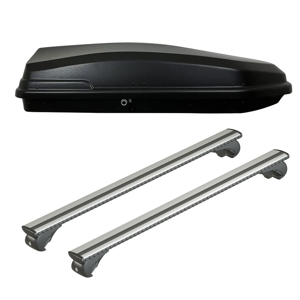 Pack coffre de toit Torpedo 400 L et barres de toit Ford Focus - Break (1999 - 2004) Pour barres longitudinales - Silenzio - Aluminium