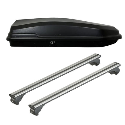 Pack coffre de toit Torpedo 400 L et barres de toit Ford Focus - Break (1999 - 2004) Pour barres longitudinales - Silenzio - Aluminium